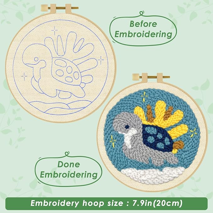 ERKOON Punch Needle Kit Adults Beginners, DIY Easy Sea Animals Embroidery Set for Starter Art Craft, Needling Punch Project with Patterns, Tools, Yarns, Hoop, Instruction (Turtle)