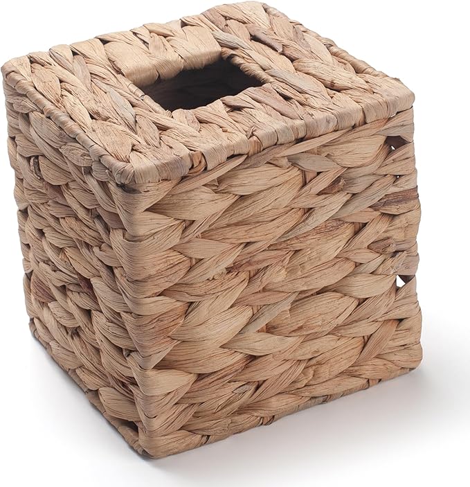 Water Hyacinth Tissue Box Cover Square Decorative Woven Tissue Box Holder for Table Bathroom (5.9 x 5.9 x 5.9 inch)