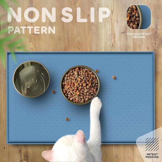 PetHappily Dog Food Mat - Raised Edges Dogs Mat for Food and Water Prevent Spill, Waterproof Cat Food Mats Protect Floors, Easy Clean Dog Bowl Mats for Food and Water, Silicone Pet Food Tray