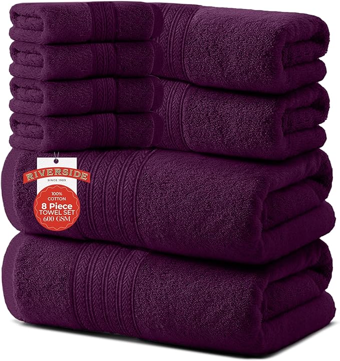 RIVERSIDE Pack of 8 Towels Set, 2 Large Bath, 2 Hand, 4 Face Washcloths, 100% Cotton Hotel Quality, Super Soft, Quick Dry, Highly Absorbent Perfect for Bathroom, Purple Passion