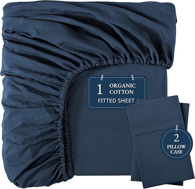 LANE LINEN Full Fitted Sheet, 100% Organic Cotton, 3Pc Set (1 Fitted Sheet,2 Pillowcases), Percale Weave, Full Bed Bottom Sheet, Ultra Soft, Fits Mattress Upto 15" Deep - Estate Blue (No Flat Sheet)