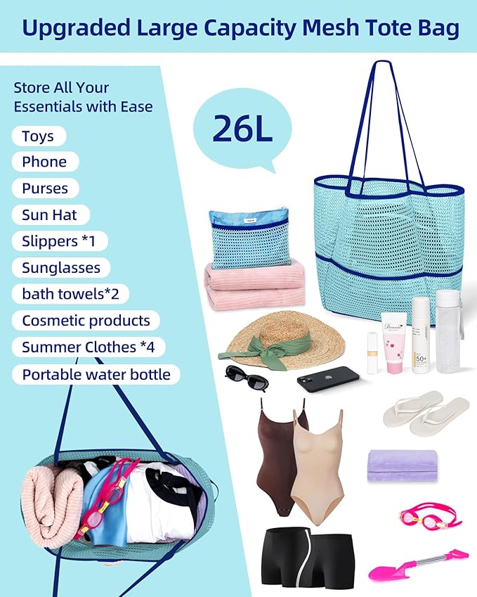 ToKismet Mesh Beach Tote Bag Packable,2026 New 2-in-1 Large Lightweight Foldable Beach Bags with Multiple Pockets for Women