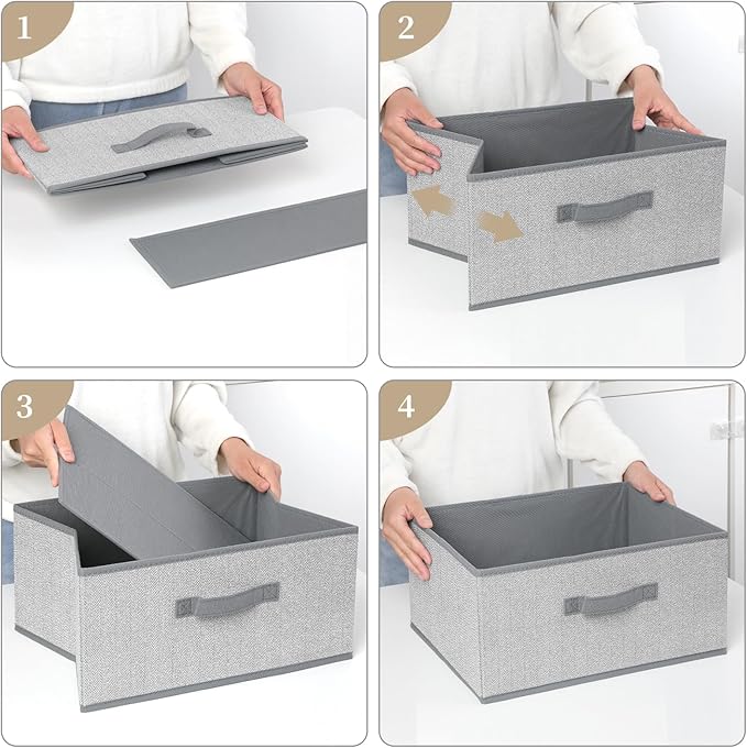 EITMOW Storage Baskets, 15.7 Inch Woven Fabric Bins, Storage Cubes with Reinforced Handles, Organizer Bins for Closet Shelves, Foldable, for Toys, Clothes, Natural Beige (4PCS/Grey-15.7*11*7.8inch)