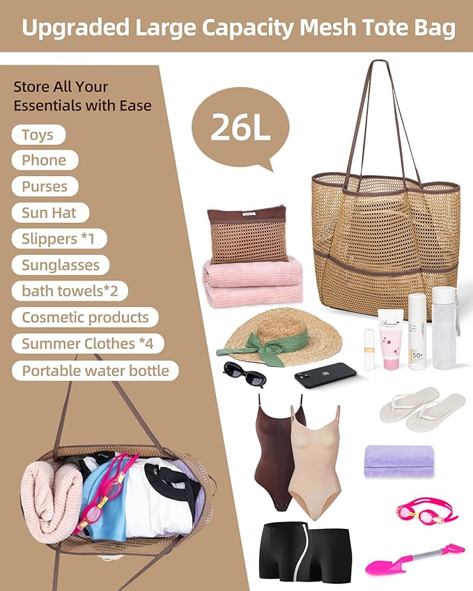 ToKismet Mesh Beach Tote Bag Packable,2026 New 2-in-1 Large Lightweight Foldable Beach Bags with Multiple Pockets for Women