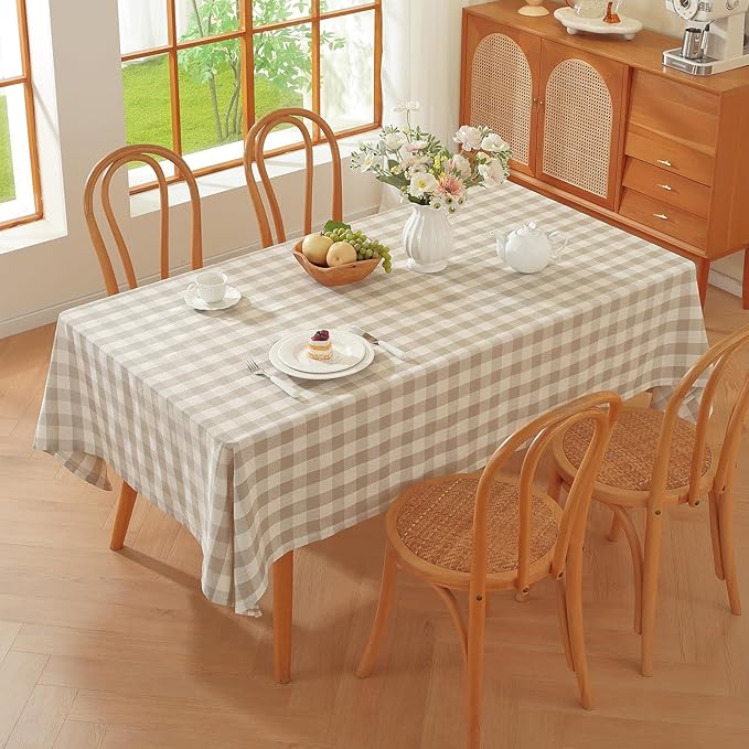 Alsoo Checkered Tablecloth Rectangle Washable Buffalo Plaid Table Cloth Cotton Linen Gingham Table Cover for Picnic Kitchen Dining Room, Beige and White,60 * 60 inch