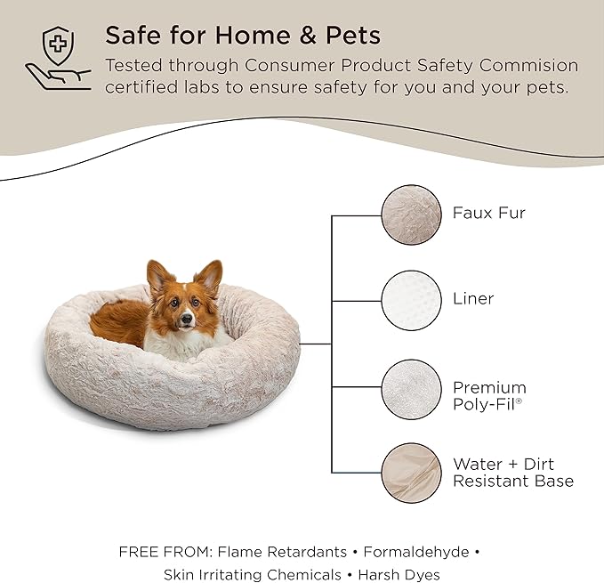 Best Friends by Sheri The Original Calming Donut Dog Bed – Washable Plush Pet Bed for Medium Breeds up to 45 lbs, Lux Faux Fur, Oyster, Medium (30" x 30")