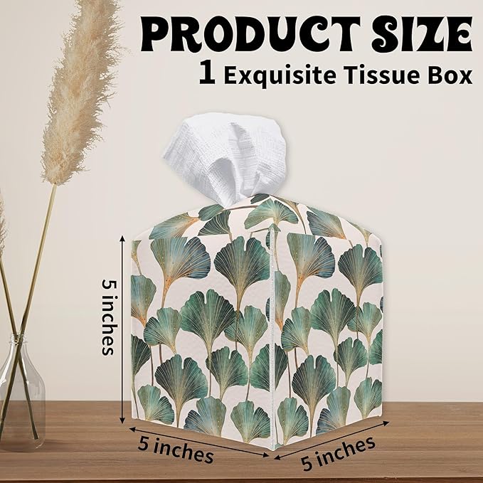 Ginkgo Leaves Square Tissue Box Holder Cover, Tissue Cube Box Organizer for Bathroom, Living Room, Office, Countertop, Car, Night Stands, Modern Home Desk Tabletop Decor - A04