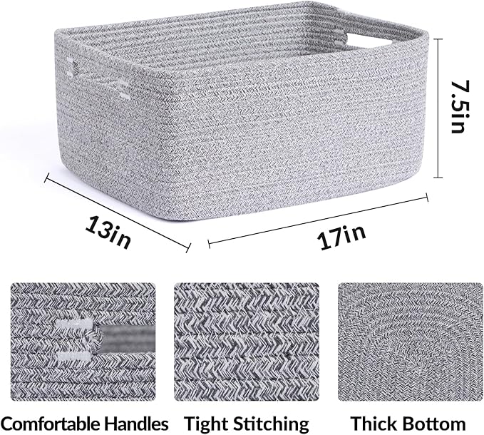 MiniArk Large Storage Baskets for Shelves, Closet Organizers Bins for Clothes Blanket Towels, Baby Nursery, Toy Baskets Box, Woven Rope Baskets, 17 x 13 x 7.5”, 3 Packs Mixed Grey