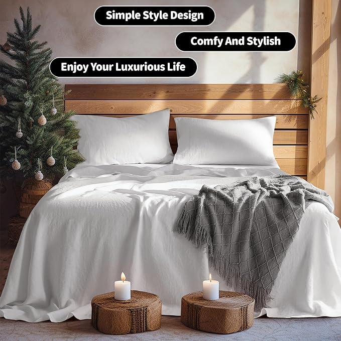 LBRO2M 100% Linen Sheet Set Queen Size, Bed Sheets 4 Piece Sets, Solid Color Natural Flax Bed Sheets Soft Breathable Bedding,16" Deep Pocket,All Season (Queen, White)