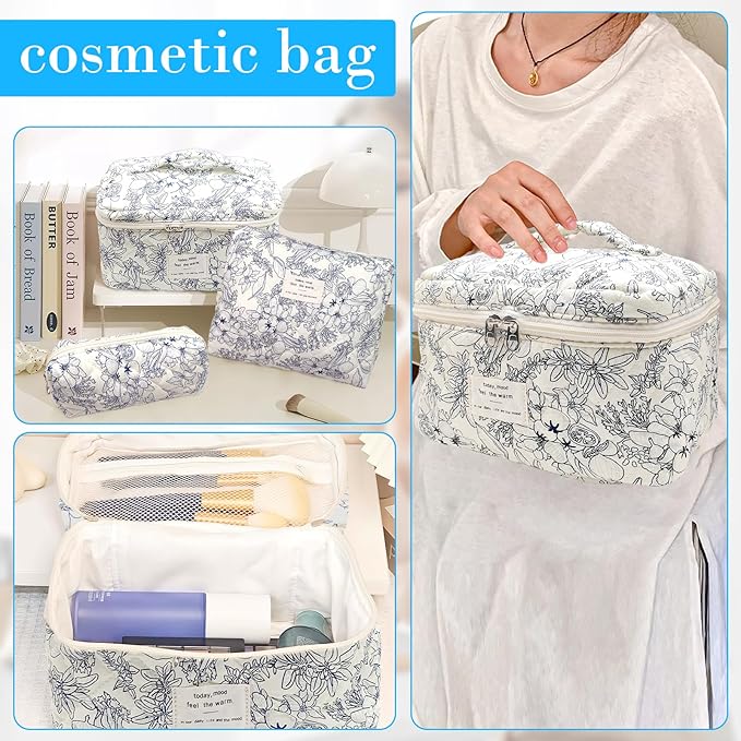 Cozomga Quilted Makeup Bag, Large Capacity Travel Cosmetic Bag for Women and Girls, Aesthetic Storage for Daily and Travel Use (3pcs-BlackFloral)
