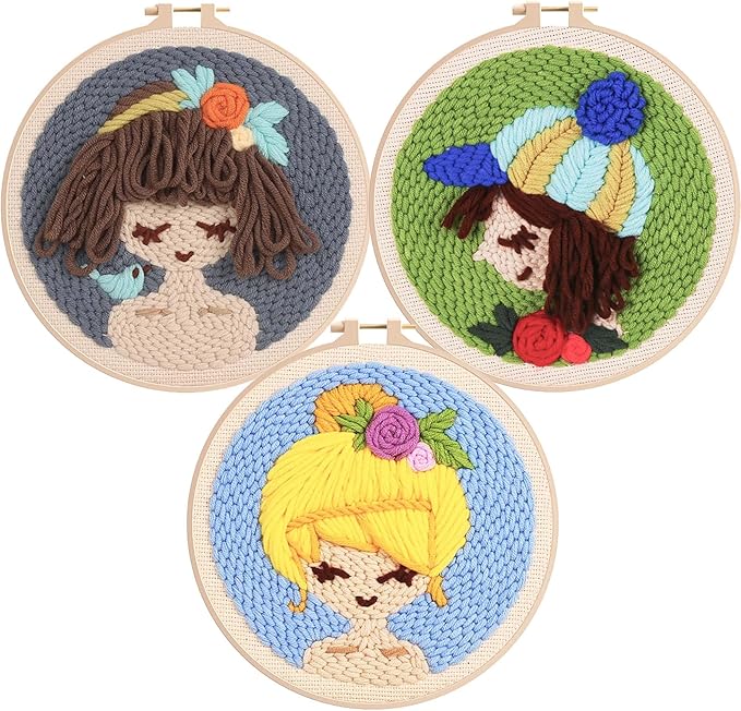 Allazone 3 Set Punch Needle Kits, 20 cm Embroidery Starter Kits with Girl Pattern, Punch Needle Tool Threader Fabric Embroidery Hoop, Yarn and Home Decor