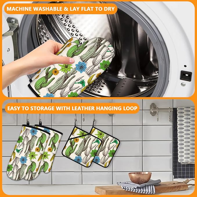 Cactus Flower Oven Mitts and Pot Holders Sets 4Pcs,Extra Long Oven Gloves Potholder for Kitchen Cooking Baking BBQ 100% Cotton Heat Resistant