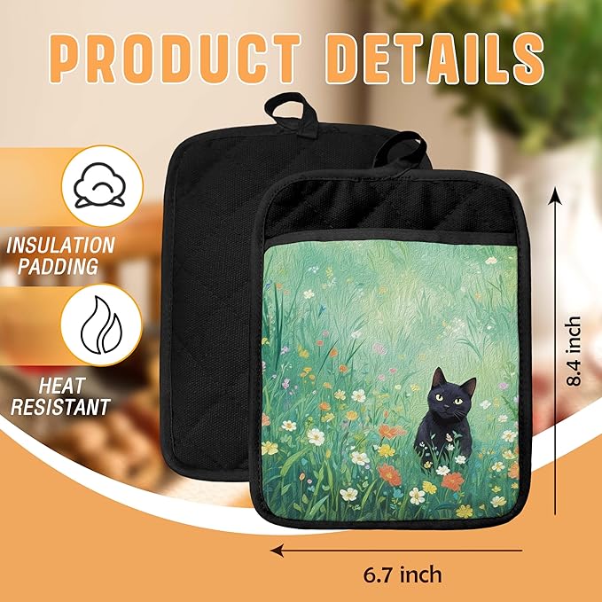 Vintage Floral Black Cat Pot Holders with Pockets, Cat Kitchen Decor, Dark Green Flower Field Kitten Oven Pot Holders Heat Resistant Oven Mitts Hot Pads for Kitchen Baking Cooking