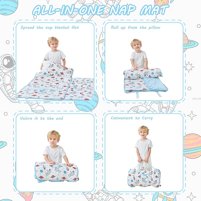 Lasoftan Toddler Nap Mat with Pillow and Blanket, Extra Large Rolled Napping Mats,Slumber Bags for Boys Girls,Kids Sleeping Bag for Daycare, Preschool Travel Camping