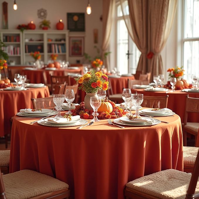 sancua Thanksgiving Round Tablecloth 90 Inch Diameter, 8 Pack Burnt Orange Circle Polyester Fabric Fall Table Cloth for Holiday Party Reception, Washable Table Cover (Fit 30-72 Inch Tables, Rust)
