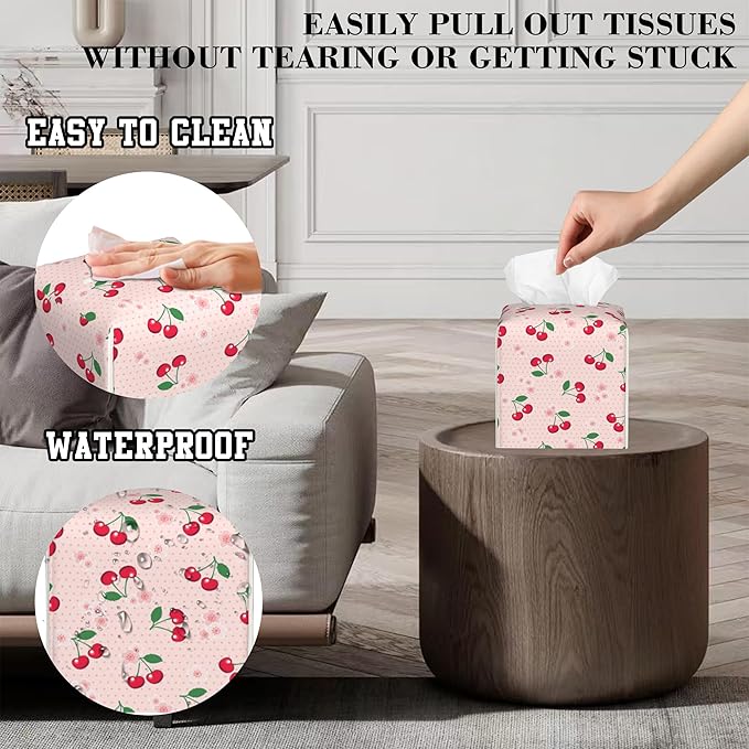 OHEGBXE Pink Polka Dot Tissue Box Holder Cherries with Blossoms Square Leather Tissue Box Cover Modern Cube Facial Paper Cover Case for Bathroom Vanity Countertop Night Stands Tabletop