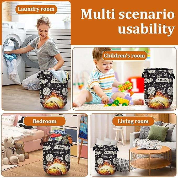 Baseball on Fire Laundry Basket with Sturdy Handles, Ball Game Collapsible Oxford Cloth Laundry Hamper Organizer Basket for Bathroom Bedroom 15.7x20 Inch