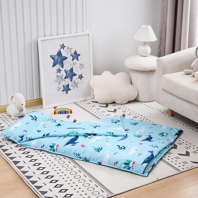 david's kids Toddler Nap Mat Set with Removable Pillow, Ultra Soft Slumber Bags for Boys Girls，Perfect for Preschool, Daycare, Kids Sleeping Bags with Rollup Design, 50"x20", Ocean Animals Light Blue