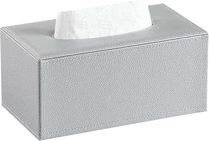 JLAMBOM Rectangle Tissue Box Cover for 120 to 160 Count Box of Tissues, PU Leather Tissue Holder with Magnetic Closure (Silver)