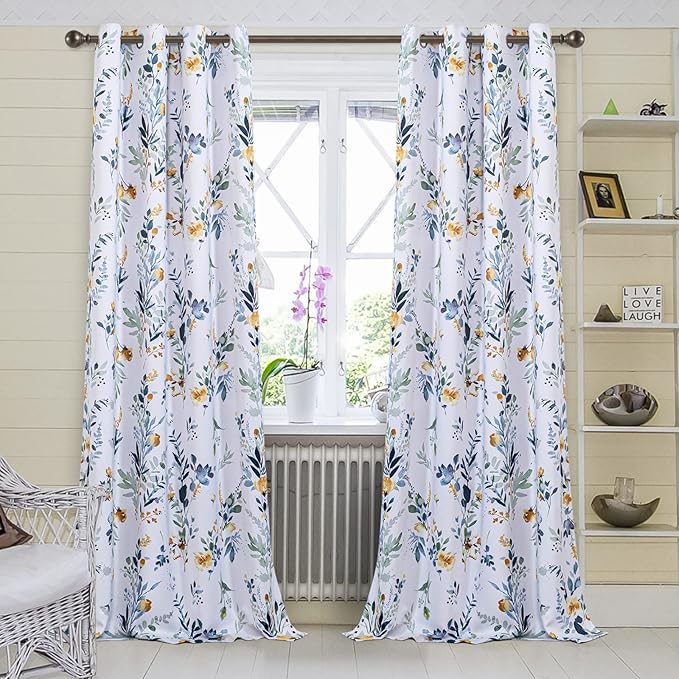 MYSKY HOME Floral Curtains 108 inches Long Living Room Curtains Thermal Insulated Room Darkening Curtains for Dining Room Vintage Classical Floral Printing Drapes, 2 Panels, Yellow and Blue