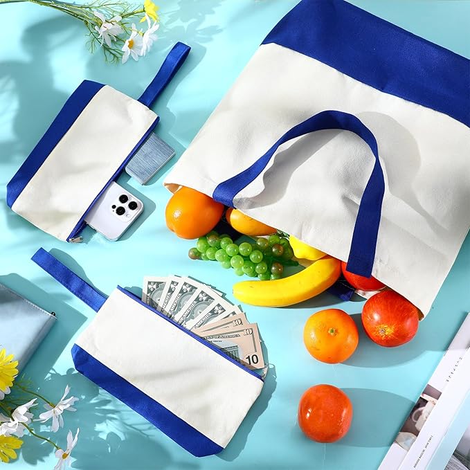 Sanwuta Canvas Tote Bags Bulk with Zipper Cosmetic Pouch 18.5" Reusable Cotton Shopping Bag with Handle for DIY Craft