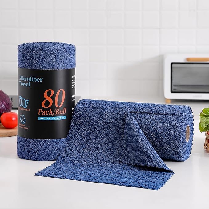 Tigona 80 Pack Microfiber Cleaning Cloth Roll Reusable Paper Towels 12"x12" Tear Away Cloth,Absorbent Dish Rags for House Kitchen,Wash Cloths,Lint Free Rags for Window Cars Cleaning Supplies