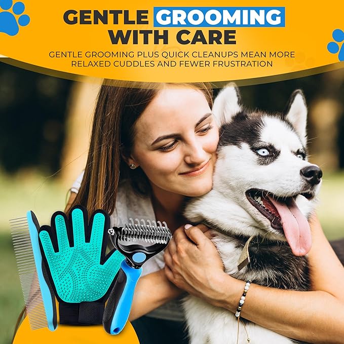 Petandzy Pet Hair Removal Glove + Hair Brush Set – Dog Grooming Gloves for Shedding, Cat Grooming Brush, Cat Hair Brush – Pet Hair Remover Glove for Dogs & Cats, Dog Shedding Tool for All Coats
