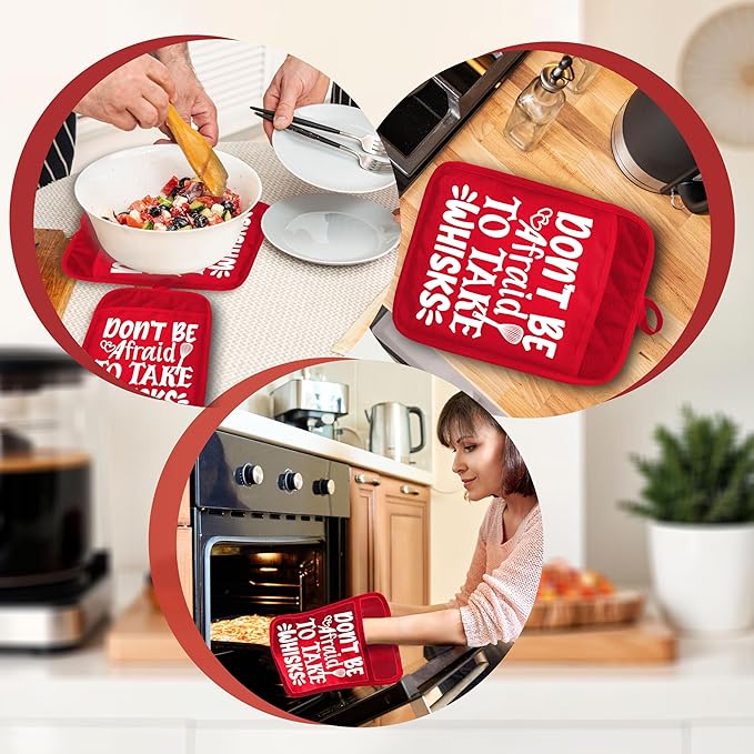 Funny Christmas Baking Pot Holders with Pockets, Don't Afraid to Take Whisks Holiday Christmas Oven Pot Holders Heat Resistant Oven Mitts Hot Pads for Kitchen Baking Cooking