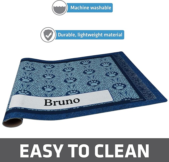 Drymate Personalized Pet Bowl Placemat, Custom Dog & Cat Food Feeding Mat - Absorbent Fabric, Waterproof Backing - Machine Washable/Durable (USA Made) (16" x 28") (Blue Paw Braid)
