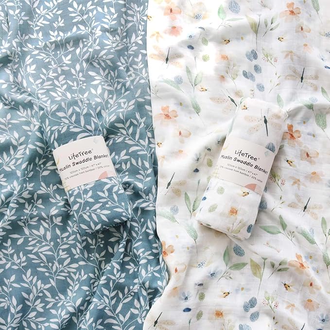 LifeTree Baby Swaddle Blankets, Boys Girls Muslin Swaddling Wrap Receiving Blanket for Newborn, 70% Viscose from Bamboo and 30% Cotton, Large 47" x 47", Blue Floral and Leaf