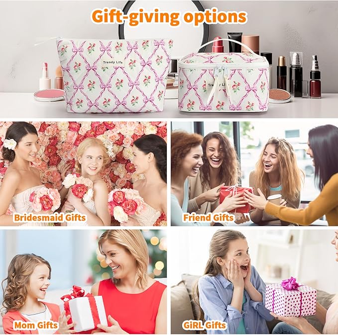 HAOGUAGUA 2 Pieces Makeup Bag, Small Large Quilted Cosmetic Bag, Travel Floral Make Up Toiletry Organizer Bag for Women Girls (2PCS STYLE B-4)