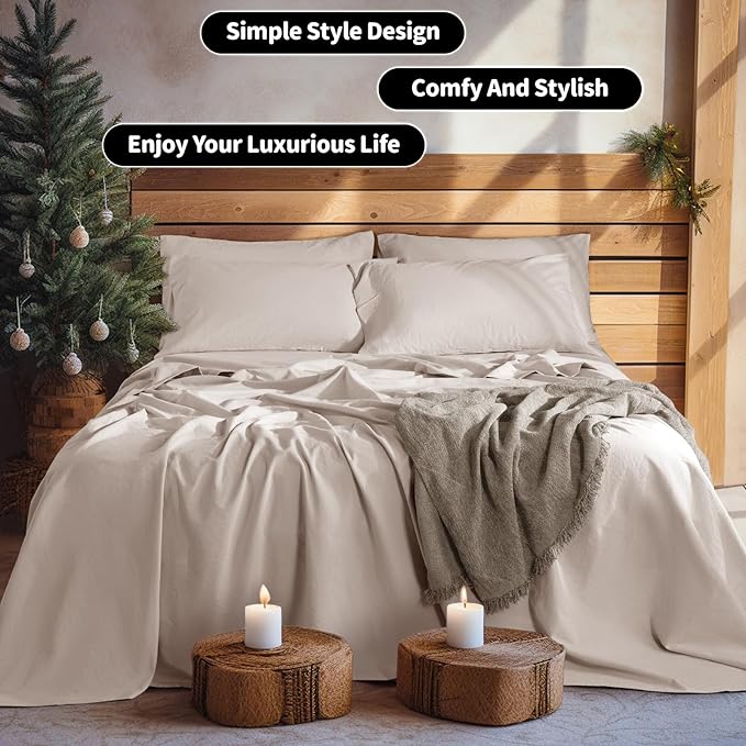 LBRO2M 100% Linen Sheet Set Queen Size, Bed Sheets 6 Piece Sets,Solid Color Natural Flax Bed Sheets Soft Breathable Bedding,16" Deep Pocket,All Season (Queen, Linen)