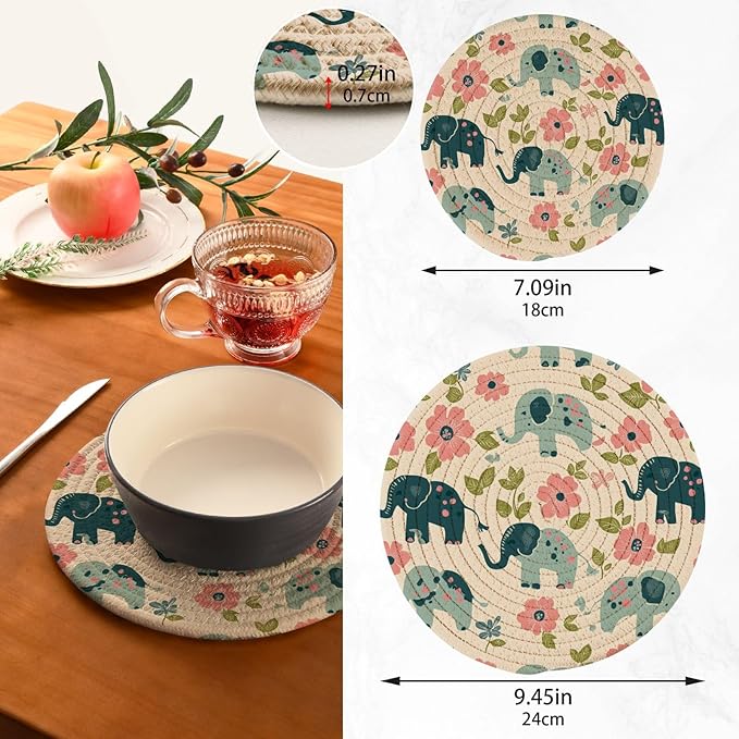 Retro Elephant Flowers Beige Trivets for Hot Dishes Pots and Pans Potholders Woven Trivet Cotton Round Large Pot Holder Decor Heat Resistant Hot Pads Mat for Table Counter Cooking Potholder Set