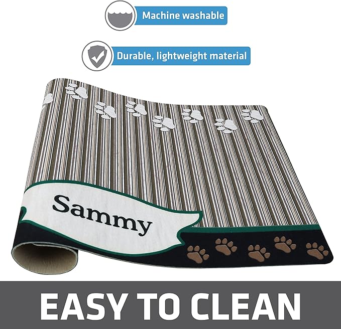 Drymate Personalized Pet Bowl Placemat, Custom Dog & Cat Food Feeding Mat - Absorbent Fabric, Waterproof Backing - Machine Washable/Durable (USA Made) (12" x 20") (Green Tan Paw)