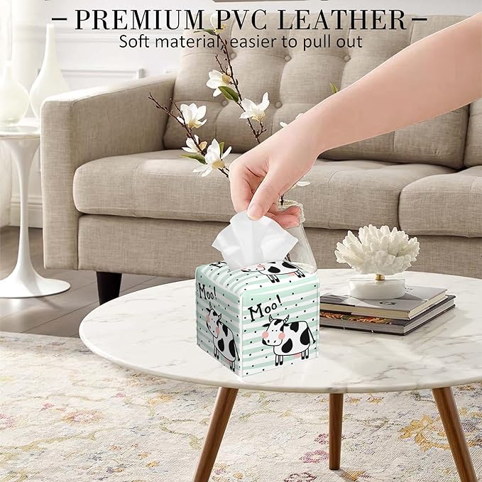 POIUBLE Leather Tissue Box Holder Cute Cow on Stripes Tissue Box Cover Square Waterproof Tissue Holder Organizer Modern Napkin Holder for Bedroom Dresser Night Stand Office Desk
