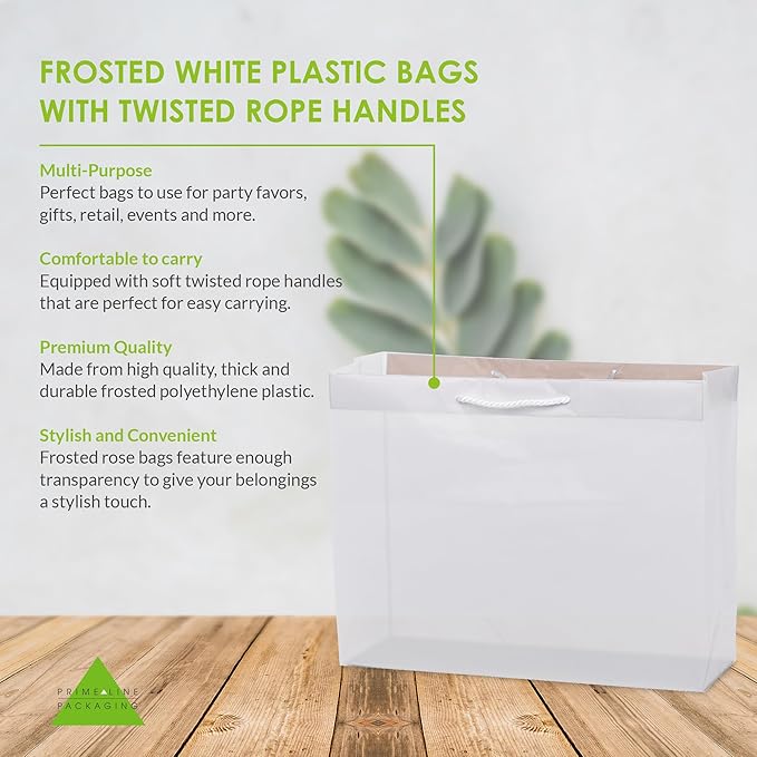 Prime Line Packaging Frosted White Gift Bags with Rope Handles, Reusable Shopping Bags for Retail, Small Business, Boutique, Favors, Bulk, 16x6x12, 100 Pack