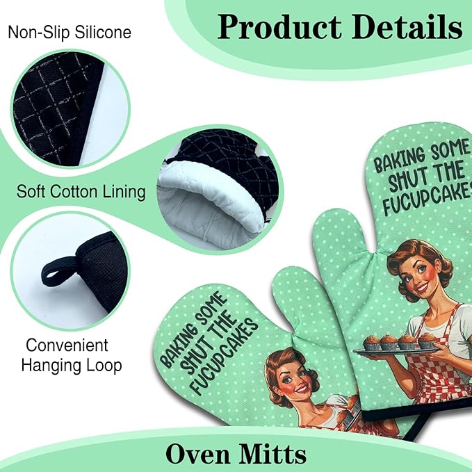 2 Pack Funny Oven Mitts for Women, Baking Some Shut The Fucupcakes, Vintage Lady Heat Resistant Kitchen Mitts, Humorous Baking Gifts for Bakers, Birthday Gifts for Mom Wife Sister Friend