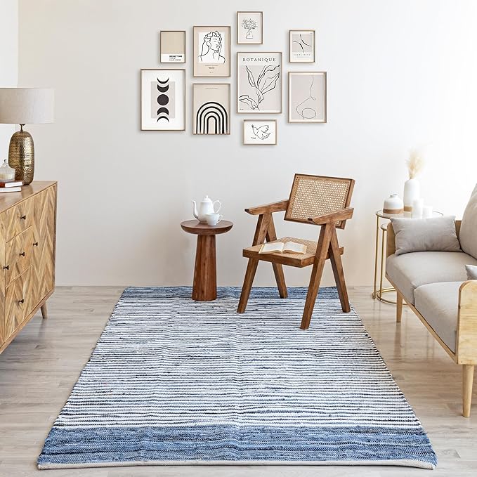 HOMEMONDE Denim Rag Rug 3'x5' Blue Recycled Soft Cotton Chindi Hand Crafted Reversible Boho Rugs for Bedroom, Living Room, Kitchen, Entyrway