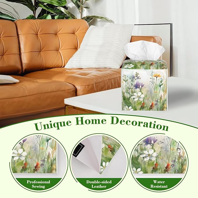 Watercolor Summer Flower Tissue Box Cover,Colorful Wildflower Floral Waterproof Leather Square Tissue Box Cover Case Facial Paper Organizer Dispenser Box Holder for Home Office Bathroom Vanity