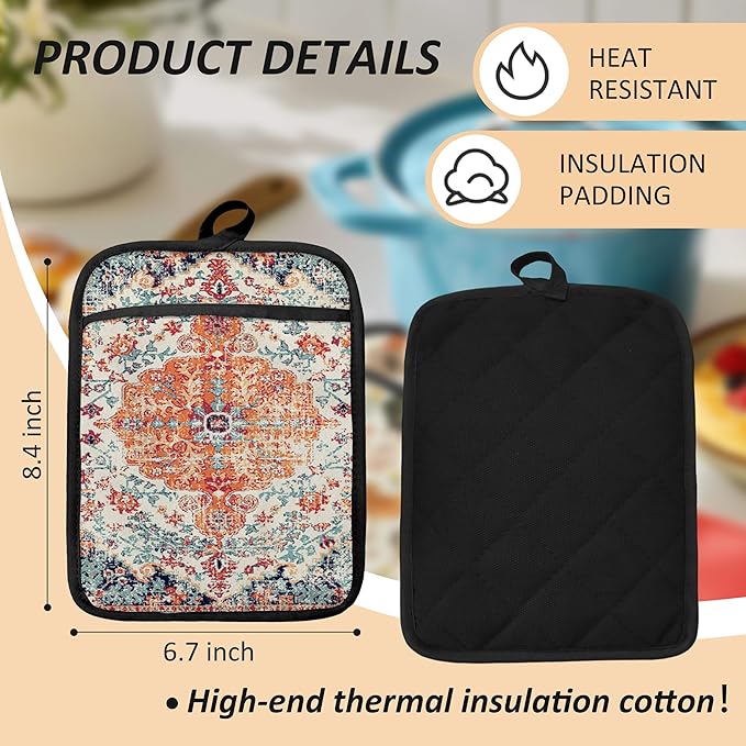 Rustic Vintage Boho Pot Holders for Kitchen, Abstract Orange Blue Boho Ethnic Floral Botanical Heat Resistant Hot Pads and Oven Mitts for Baking Cooking