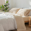 MooMee Bedding Sheet Set 100% Washed Cotton Linen Like Textured Breathable Durable Soft Comfy (Solid Sandy Beige, King)
