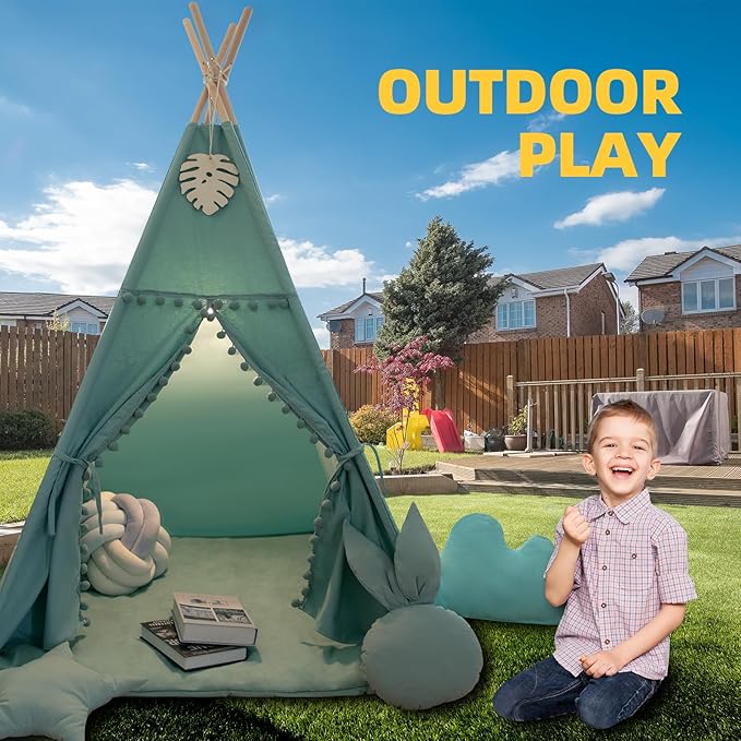 RONGFA Teepee Tent for Kids with Mat, Star Lights, Carry Case, Cotton Canvas Playhouse, Foldable Tents, Portable Children Play Tent Indoor Outdoor (Jewelry Blue)