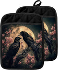 Moody Moonlit Gothic Raven Pot Holders with Pockets, Dark Academia Halloween Crow Cherry Blossom Oven Pot Holders Heat Resistant Oven Mitts Hot Pads for Kitchen Baking Cooking