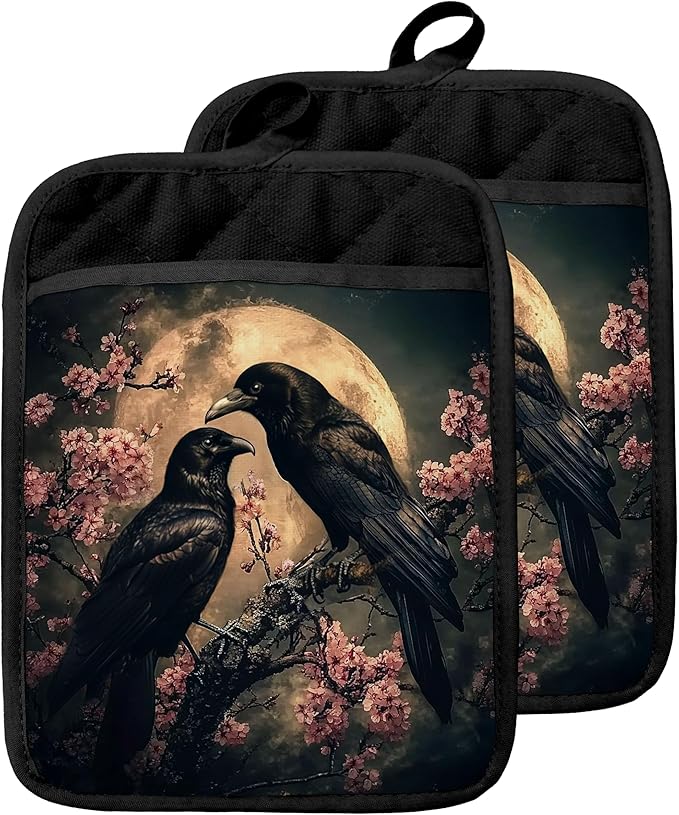 Moody Moonlit Gothic Raven Pot Holders with Pockets, Dark Academia Halloween Crow Cherry Blossom Oven Pot Holders Heat Resistant Oven Mitts Hot Pads for Kitchen Baking Cooking