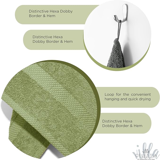 Villa Celestia 100% Cotton Hand Towel Set of 2, (16 x 28 inches) Sustainable, Soft, Highly Absorbent, Quick Drying, Combed Cotton Hand Towels Pack of 2 Ideal for Hotels, Spa, Bathroom, Dorm, Sage