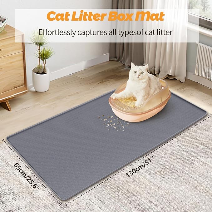 Bartuke Cat Litter Mat, Extra Large 51" x 25.6" Silicone Mat Litter Trapping Mat for Scatter Control, Soft on Kitty Paws, Easy to Clean (Dark Grey)