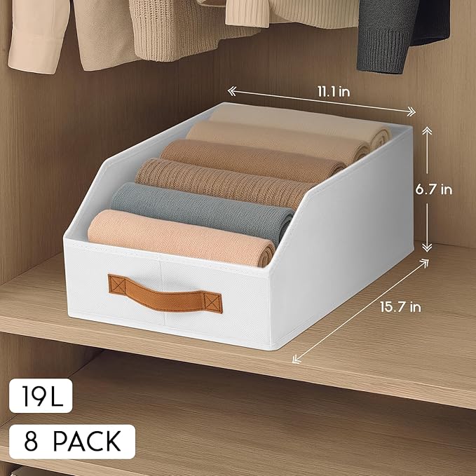 Homsorout Fabric Storage Bins for Organizing - 8 Pack Large Trapezoid Collapsible Storage Bins with Front Handle, Closet Organizers and Storage for Bedroom, Home Shelves, Small Spaces, White