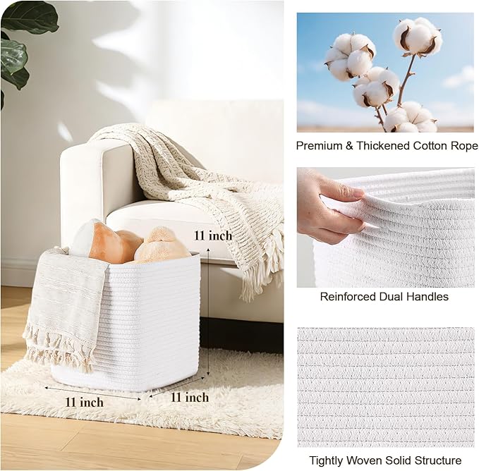 Storage Cubes 11 Inch Storage Baskets for Shelves, Set of 3 Cotton Rope Woven Baskets for Organizing, Cube Storage Square Bins for Toy, Playroom Decor, Classroom, Closet, White