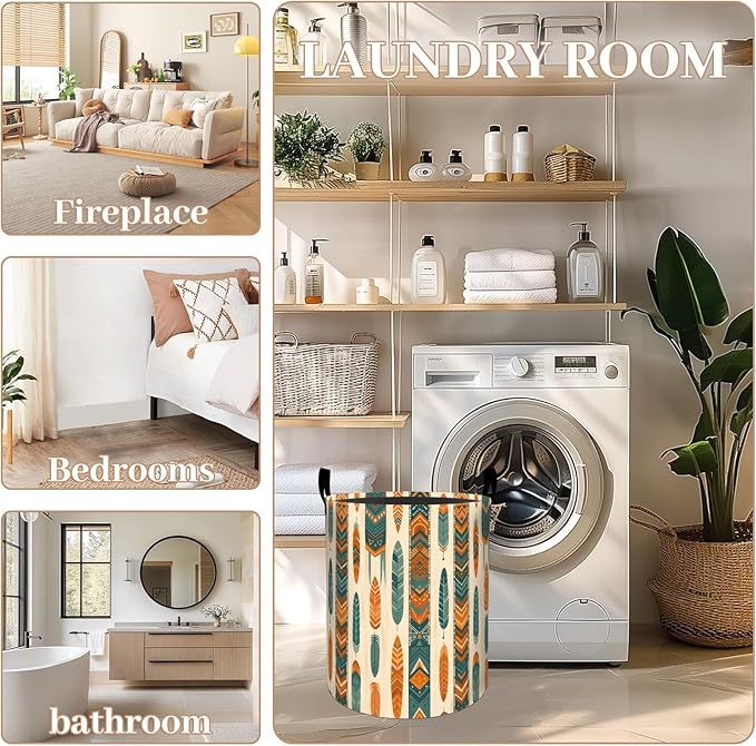 ainori Feather Laundry Basket, Oxford Cloth Vintage Boho Dirty Clothes Collapsible Hamper for Room Decor, Tribal Inspired Print Gifts Toy Organizer 19.7 * 15.8 Inch for Bedroom Bathroom Dorm