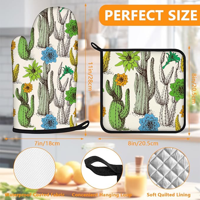 Cactus Flower Oven Mitts and Pot Holders Sets 4Pcs,Extra Long Oven Gloves Potholder for Kitchen Cooking Baking BBQ 100% Cotton Heat Resistant